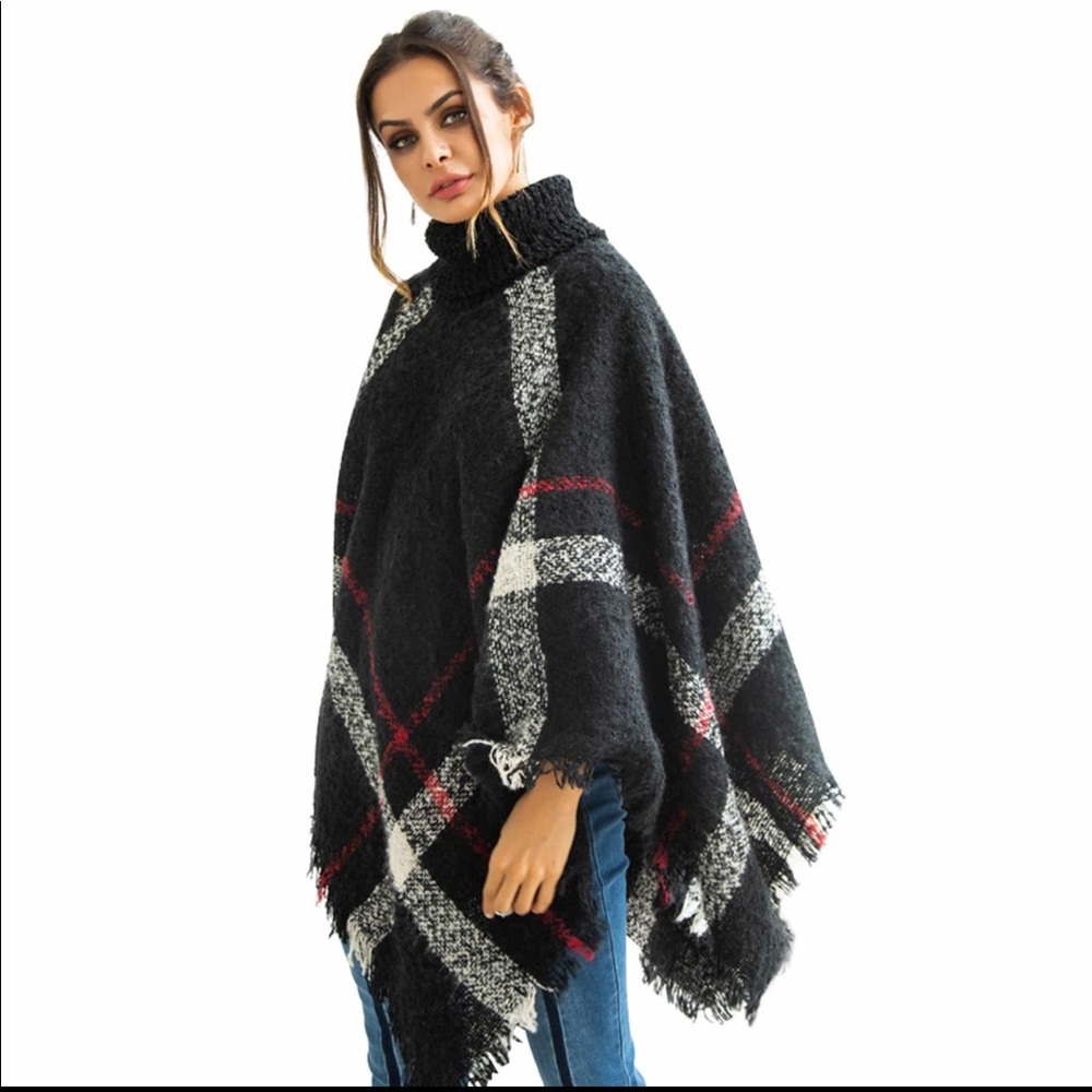 Black Plaid Turtleneck Poncho Cape - Picture 8 of 8